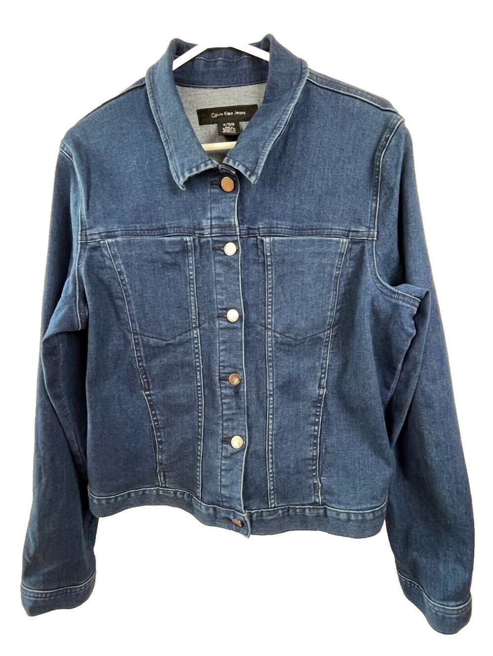 Calvin Klein Jeans Denim Jacket Womens XL Stretch Cropped Medium Wash Snap Front